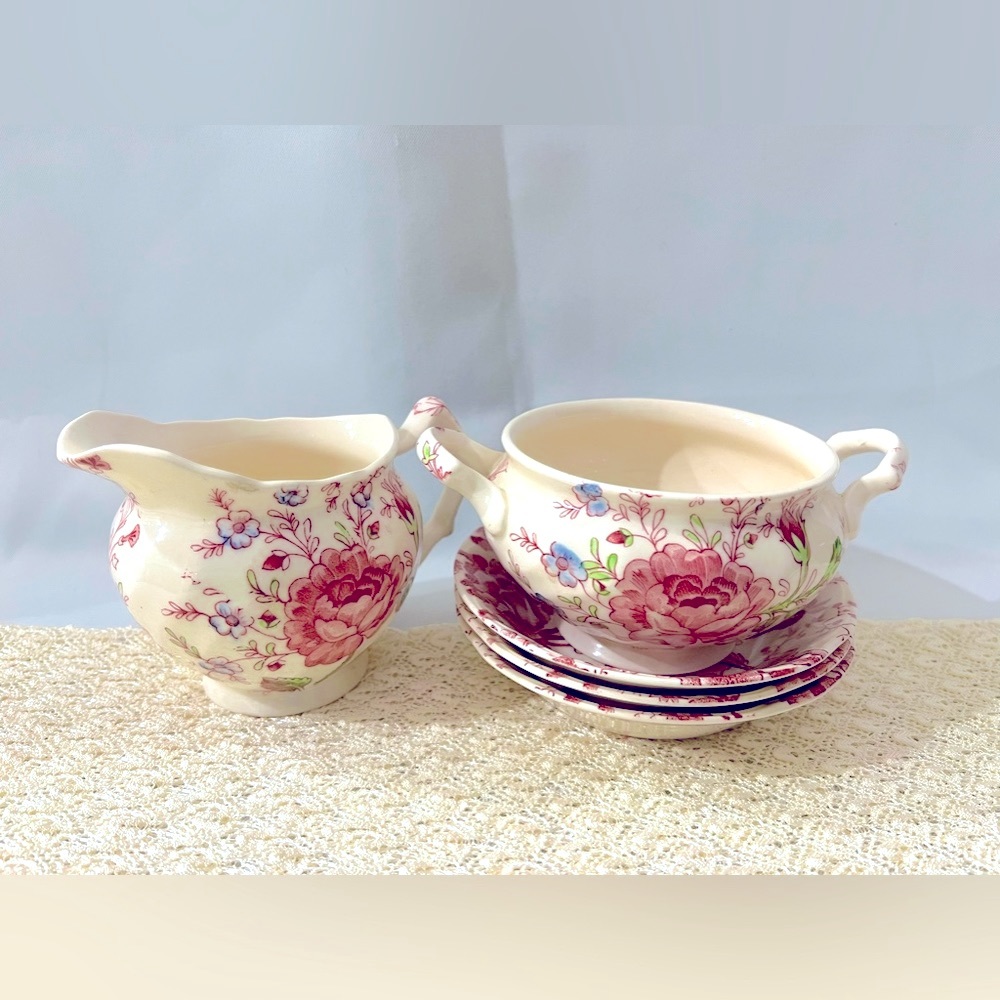 5 PC Vintage Johnson Bros Red Sugar, Creamer, & 3 Soup Bowls. Made in England.